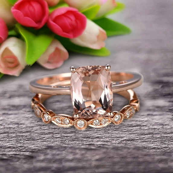 1.25 Carat Cushion Cut Morganite Solitaire Engagement Ring With Matching Band On 10K Rose Gold Art Deco Shining Startling Ring Anniversary Gift