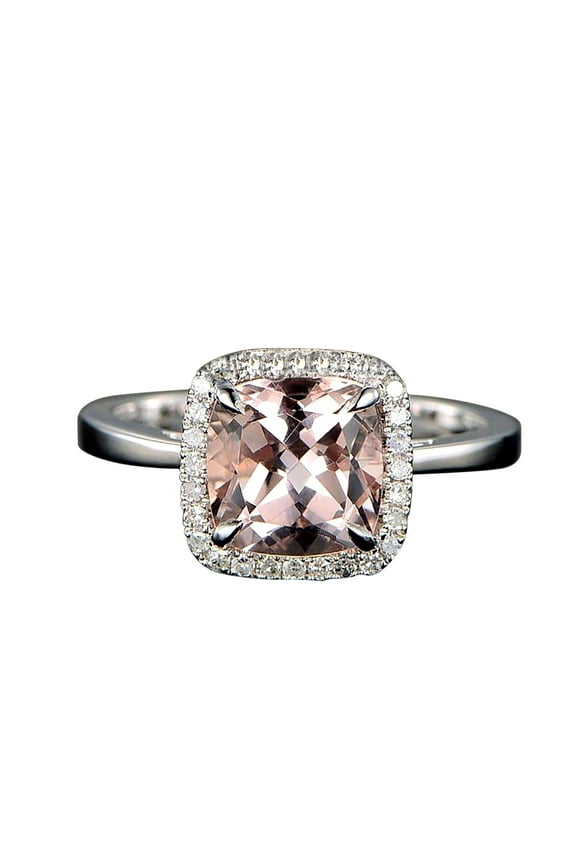 1.25 Carat Cushion Cut Peach Pink Morganite and Diamond Halo Engagement Ring 10k White Gold on Sale