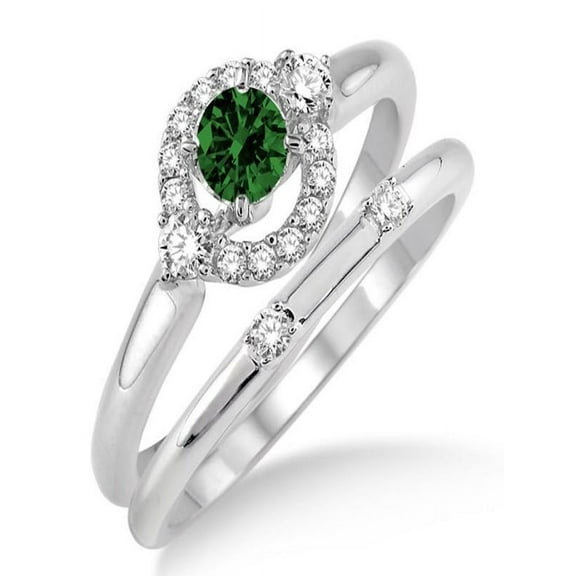1.25 Carat Emerald And Diamond Moissanite Elegant Flower Halo Bridal Set on 10k White Gold