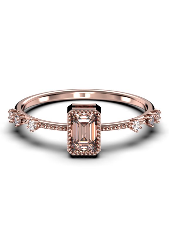 1.25 Carat Emerald Cut Morganite And Diamond Moissanite Thin Engagement Ring, Slim Wedding Ring in 925 Sterling Silver With 18k Rose Gold Plating Holiday Gift, Promise Ring, Anniversary Ring