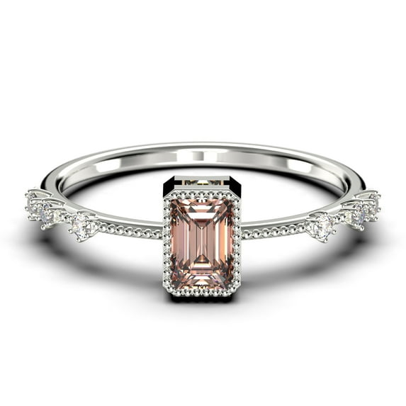 1.25 Carat Emerald Cut Morganite And Diamond Moissanite Thin Engagement Ring, Slim Wedding Ring in 925 Sterling Silver With 18k White Gold Plating Holiday Gift, Promise Ring, Anniversary Ring