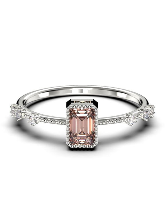 1.25 Carat Emerald Cut Morganite And Diamond Moissanite Thin Engagement Ring, Slim Wedding Ring in 925 Sterling Silver With 18k White Gold Plating Holiday Gift, Promise Ring, Anniversary Ring