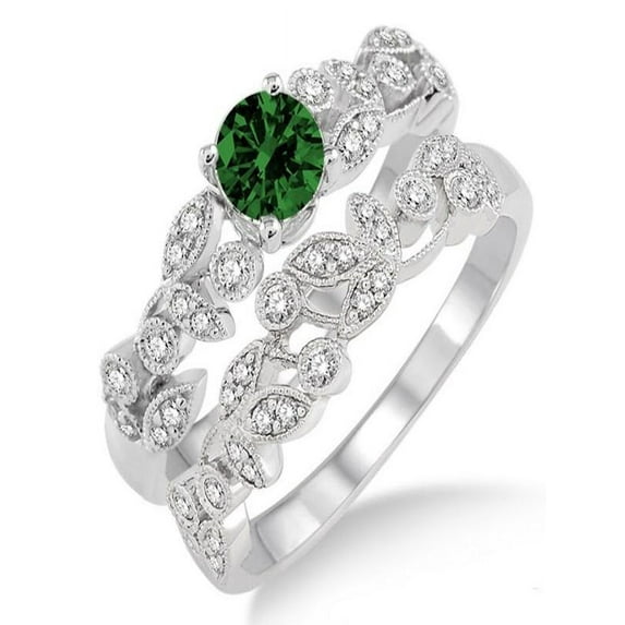 1.25 Carat Emerald & Diamond Antique Flower Bridal Set on 10k White Gold
