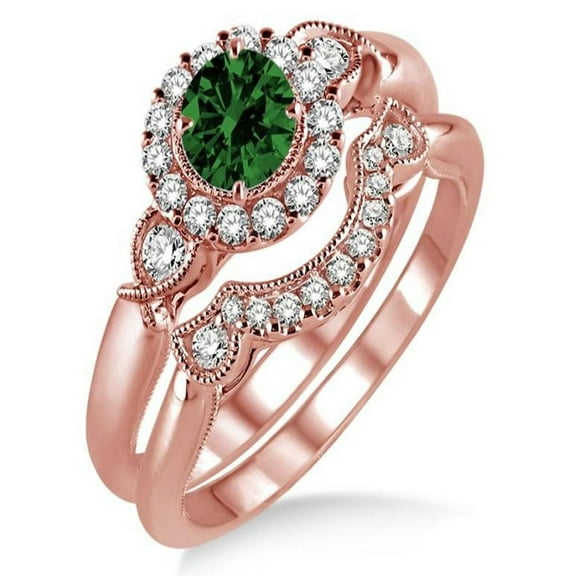 1.25 Carat Emerald & Diamond Antique Three Stone Flower Halo Bridal Set on 10k Rose Gold