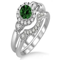 1.25 Carat Emerald & Diamond Antique Three Stone Flower Halo Bridal Set on 10k White Gold