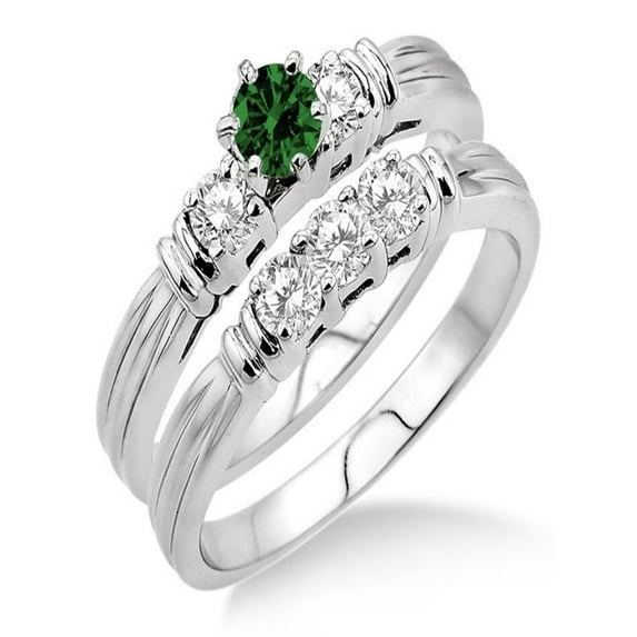 1.25 Carat Emerald & Diamond Three Stone Bridal Set on 10k White Gold
