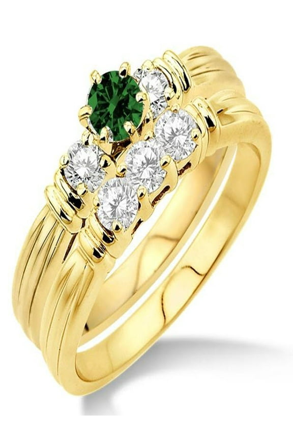 1.25 Carat Emerald & Diamond Three Stone Bridal Set on 10k Yellow Gold