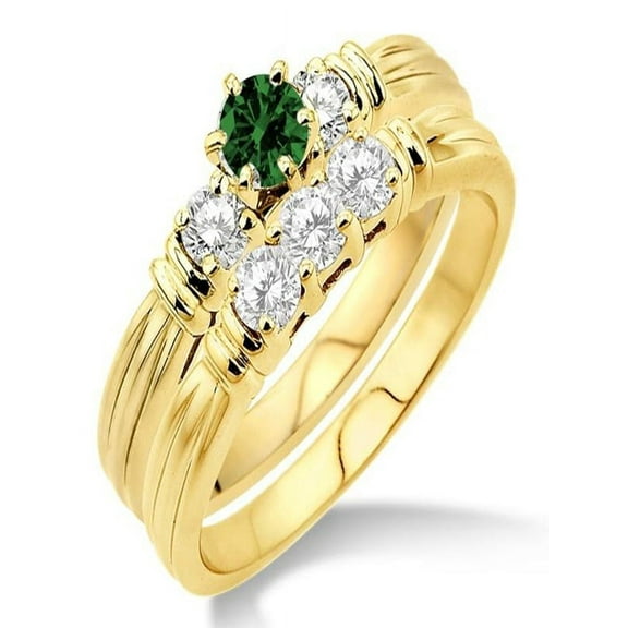 1.25 Carat Emerald & Diamond Three Stone Bridal Set on 10k Yellow Gold
