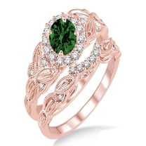 1.25 Carat Emerald & Diamond Vintage floral Bridal Set Engagement Ring on 10k Rose Gold