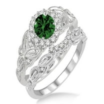 1.25 Carat Emerald & Diamond Vintage floral Bridal Set Engagement Ring on 10k White Gold