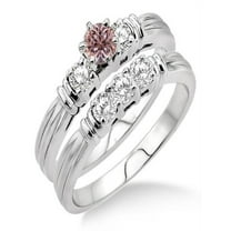 1.25 Carat Morganite And Diamond MOissanite Three Stone Bridal Set On 10K White Gold, Gift For Her, Promise Ring, Anniversary Ring