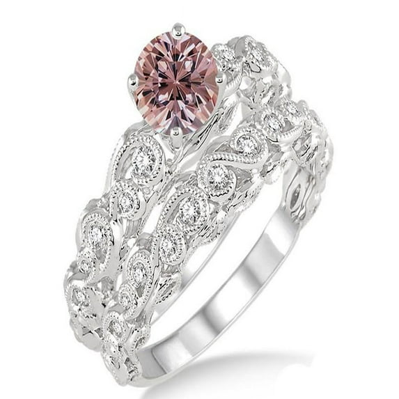 1.25 Carat Morganite And Diamond Moissanite Infinity Antique Bridal Set Round Cut Engagement Ring On 10K White Gold, Promise Ring, Anniversary Ring