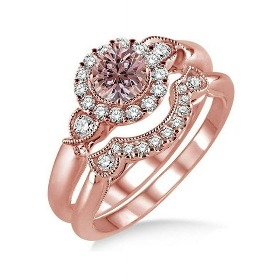 1.25 Carat Morganite & Diamond Antique Three Stone Flower Halo Bridal Set in 14k Rose Gold morganite and diamond engagement ring