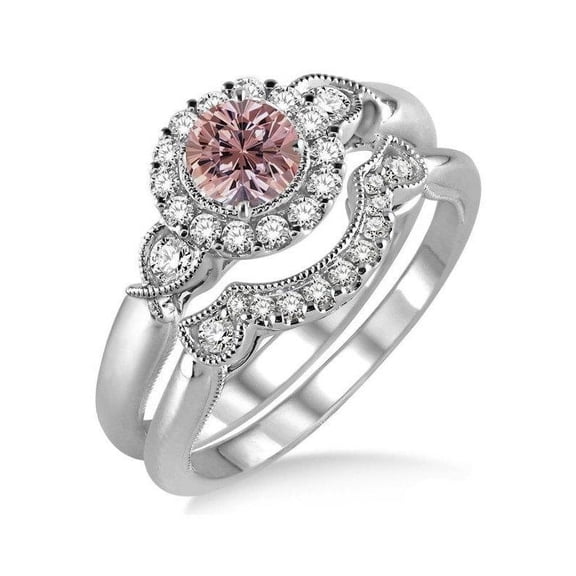 1.25 Carat Morganite & Diamond Antique Three Stone Flower Halo Bridal Set in 14k White Gold morganite & diamond engagement ring