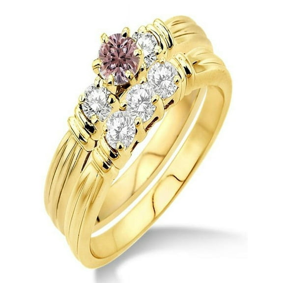 1.25 Carat Morganite & Diamond Three Stone Bridal Set on 10k Yellow Gold