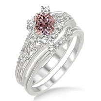 1.25 Carat Morganite & Diamond Vintage halo floral Bridal Set Engagement Ring on 10k White Gold