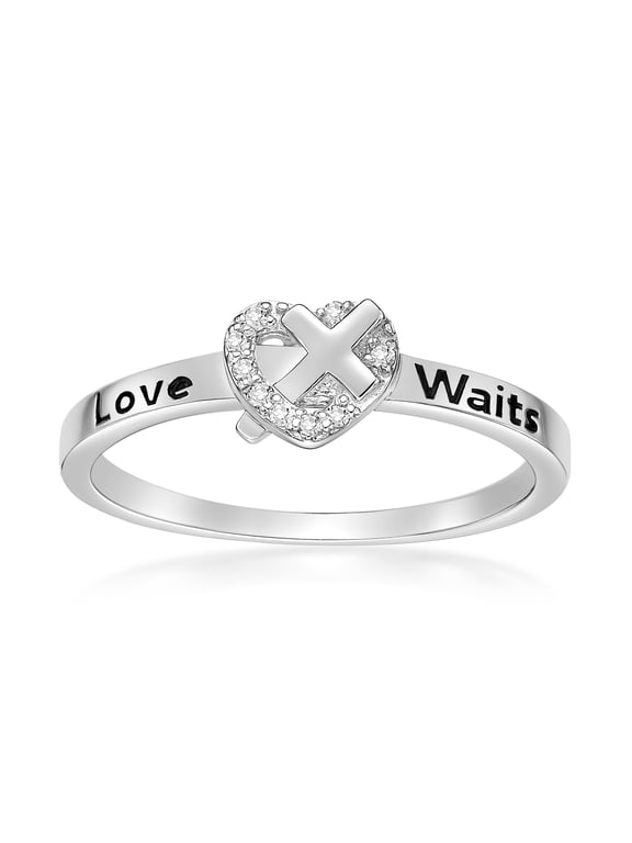 1/25 Carat Natural Diamond Heart and Cross Love Waits Purity Ring for Women in 925 Sterling Silver (H-I, I2-I3, 0.04 cttw) Engagement Wedding Promise Band Ring Size 8 by Lavari Jewelers
