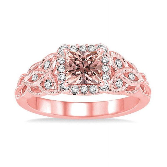 1.25 Carat Peach Pink Morganite (Princess Shaped Morganite) and Diamond Engagement Ring in 14k Rose Gold Jewelry