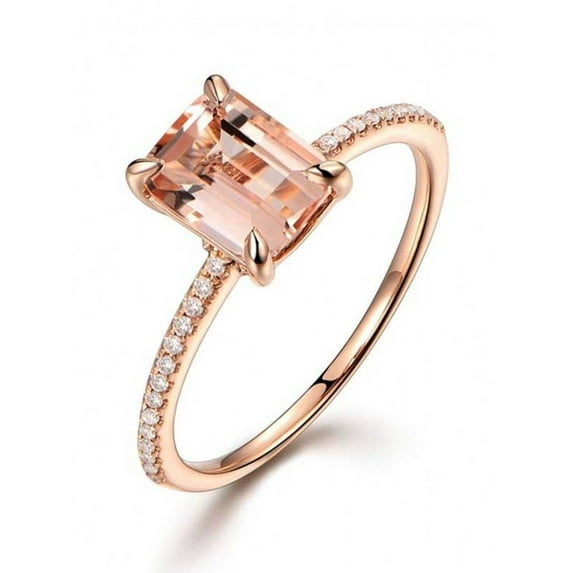1.25 Carat Peach Pink Morganite (emerald cut Morganite) and Diamond Engagement Ring in 10k Rose Gold