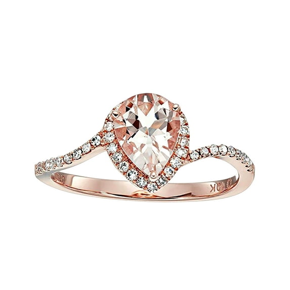 1.25 Carat Peach Pink Morganite (pear cut Morganite) and Diamond Engagement Ring in 10k Rose Gold
