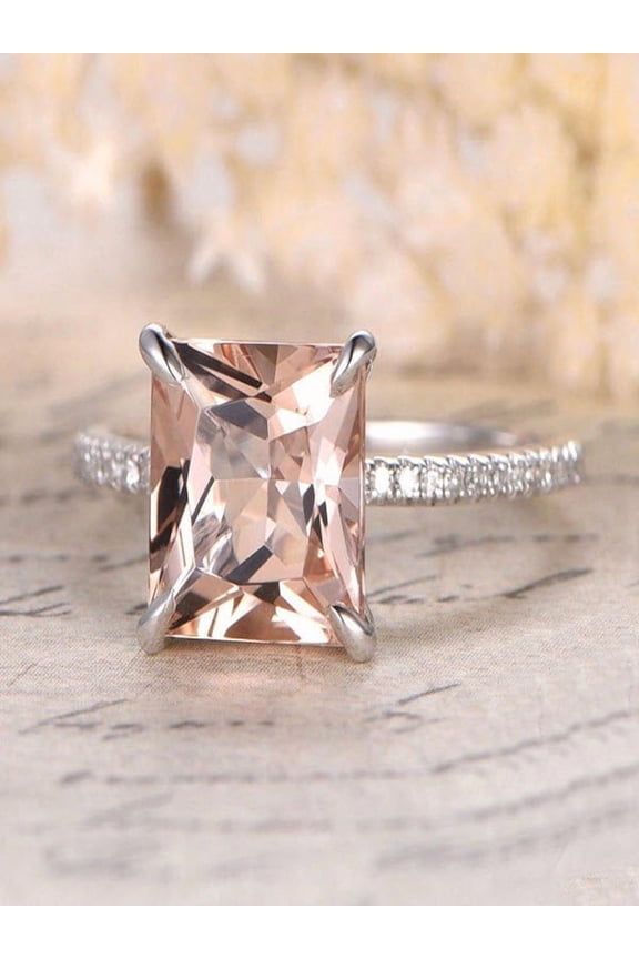1.25 Carat Peach Pink Morganite (princess cut Morganite) and Diamond Engagement Ring in 10k White Gold