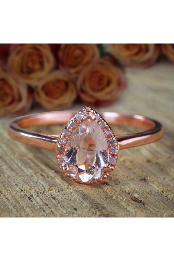 1.25 Carat Pear cut Solitaire Morganite and Diamond Halo Engagement Ring on Sale with 18k Gold Plating