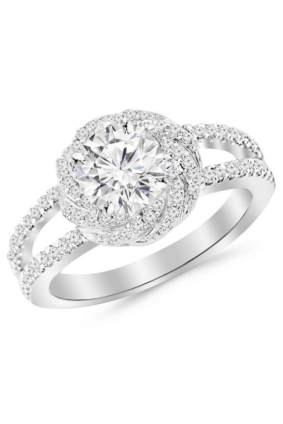 1.25 Carat Platinum LAB GROWN DIAMOND Pave Set Halo Style Floral Split Shank Round Cut Diamond Engagement Ring (D-E Color VS1-VS2 Clarity 0.75 Ct Center) Size: 8.5