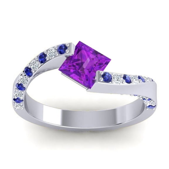1.25 Carat Princess Cut Amethyst & Blue Sapphire Gemstone Charming Bridal Ring for Women Solid 18K White Gold Size 3 by Diamond-Capitals