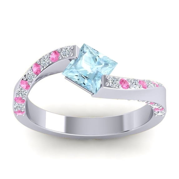 1.25 Carat Princess Cut Aquamarine & Pink Sapphire Gemstone Elegant Bridal Ring for Ladies Solid 14K White Gold Size 7.5 by Diamond-Capitals