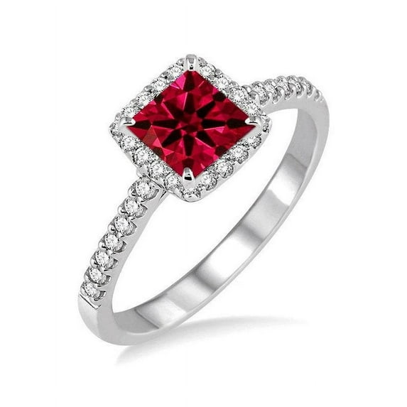 1.25 Carat Princess Diamond Engagement Ring with Ruby and Diamond in in 14k White Gold affordable ruby & diamond engagement ring