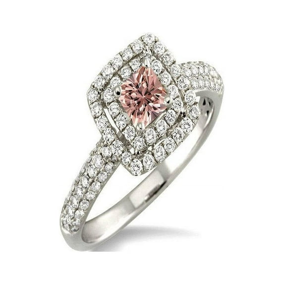 1.25 Carat Princess cut Morganite and Diamond Double Halo Engagement Ring in 14k White Gold morganite & diamond engagement ring