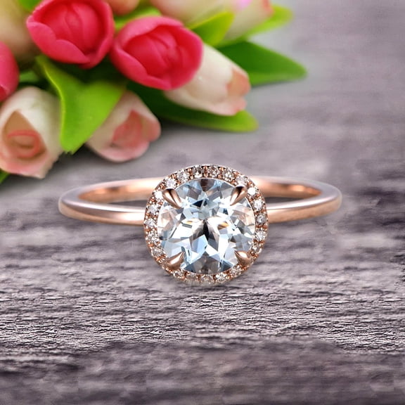 1.25 Carat Round Cut Aquamarine Engagement Ring On 10K Rose Gold Halo Antique Design