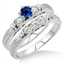1.25 Carat Round Cut Blue Sapphire And Diamond Moissanite Three Stone Bridal Set On 10K White Gold, Promise Ring, Anniversary Ring