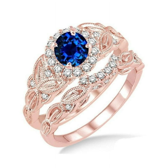 1.25 Carat Round Cut Blue Sapphire And Diamond Moissanite Vintage Floral Bridal Set Engagement Ring In 14K Rose Gold, Promise Ring, Anniversary Ring