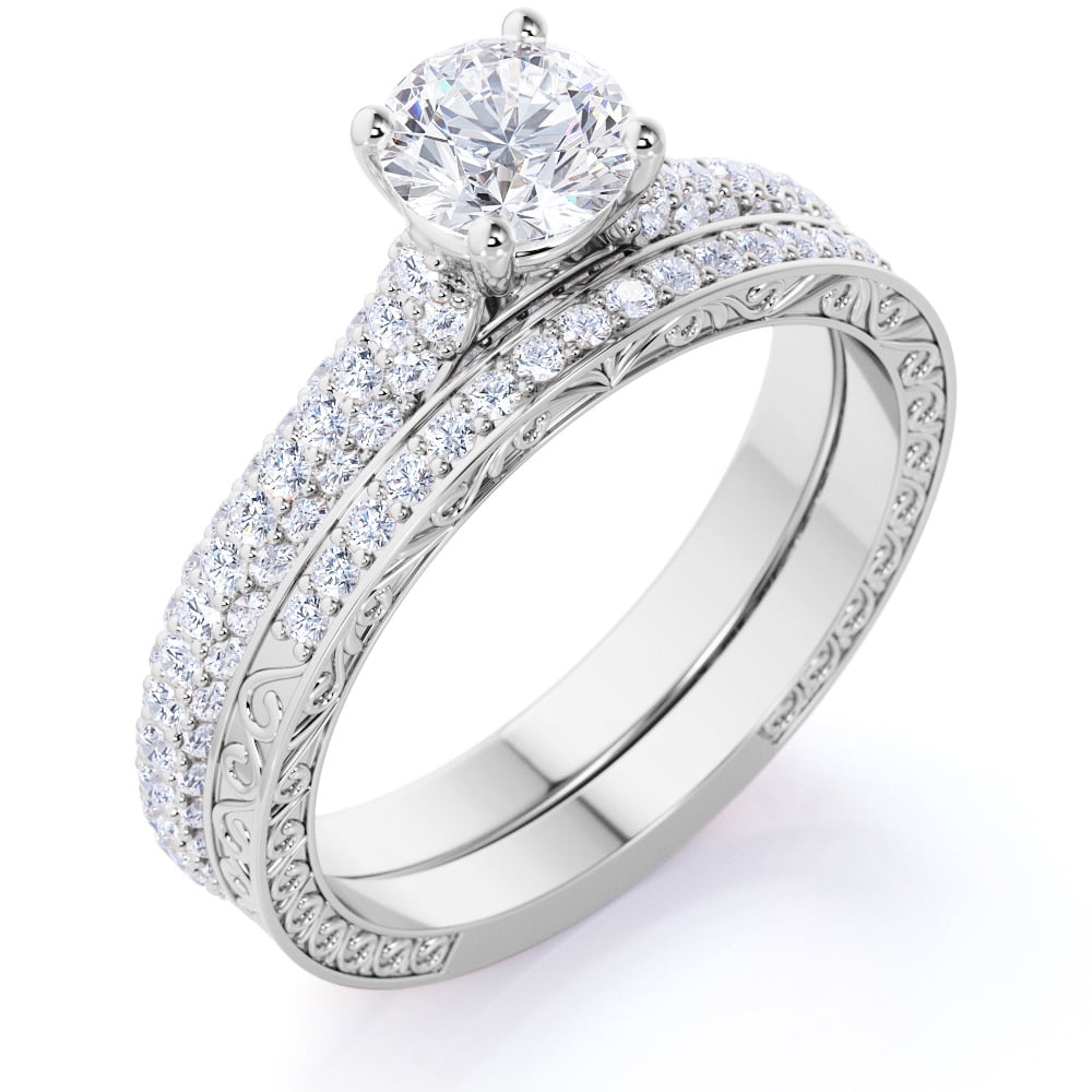 1.25 Carat Round Cut Moissanite Wedding Set - Bridal Set - Two Row Ring -  Cluster Ring - 18k White Gold Over Silver 
