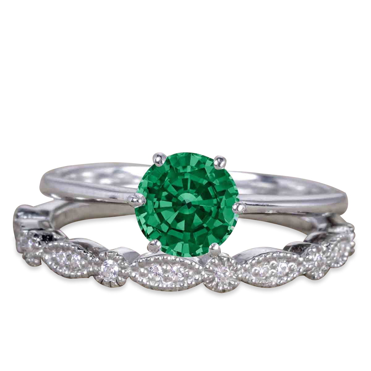 1.25 Carat Round Lab Created Green Emerald Minimalist Wedding Bridal Ring Set in 18k White Gold