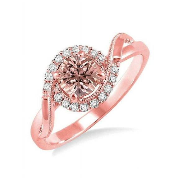 1.25 Carat Round Morganite and Diamond Halo Engagement Ring in 14k Rose Gold affordable morganite and diamond engagement ring