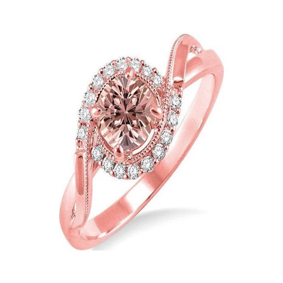 1.25 Carat Round Morganite and Diamond Halo Engagement Ring in 14k Rose Gold affordable morganite and diamond engagement ring