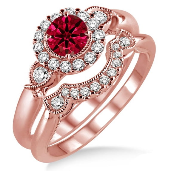 1.25 Carat Ruby & Diamond Antique Three Stone Flower Halo Bridal Set on 10k Rose Gold