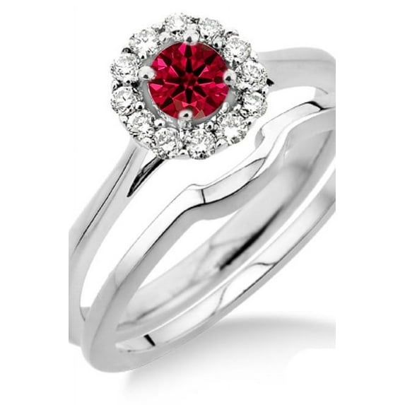 1.25 Carat Ruby & Diamond Bridal set Halo on 10k White Gold