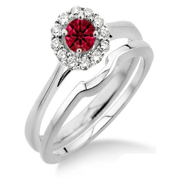 1.25 Carat Ruby & Diamond Bridal set Halo on 10k White Gold