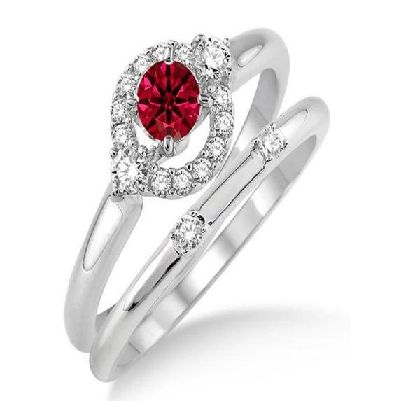 1.25 Carat Ruby & Diamond Elegant Flower Halo Bridal Set on 10k White Gold