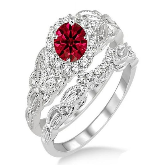 1.25 Carat Ruby & Diamond Vintage floral Bridal Set Engagement Ring on 10k White Gold