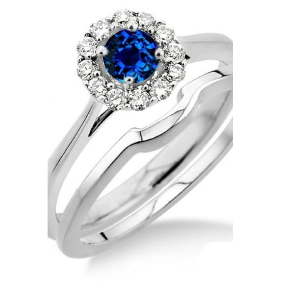 1.25 Carat Sapphire and Diamond Bridal set Halo on 10k White Gold