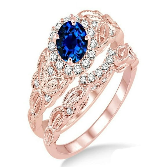 1.25 Carat Sapphire and Diamond Vintage floral Bridal Set Engagement Ring on 10k Rose Gold
