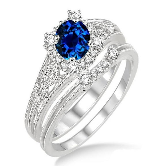 1.25 Carat Sapphire and Diamond Vintage halo floral Bridal Set Engagement Ring on 10k White Gold