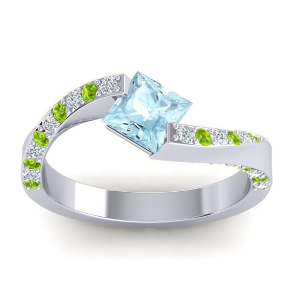 1.25 Carat Stunning Princess Cut Aquamarine & Peridot Gemstone Engagement Ring for Women Solid 18K White Gold Size 5 by Diamond-Capitals
