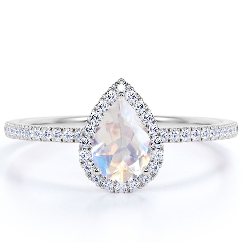 1.25 Carat Teardrop Rainbow Moonstone and Diamond Halo