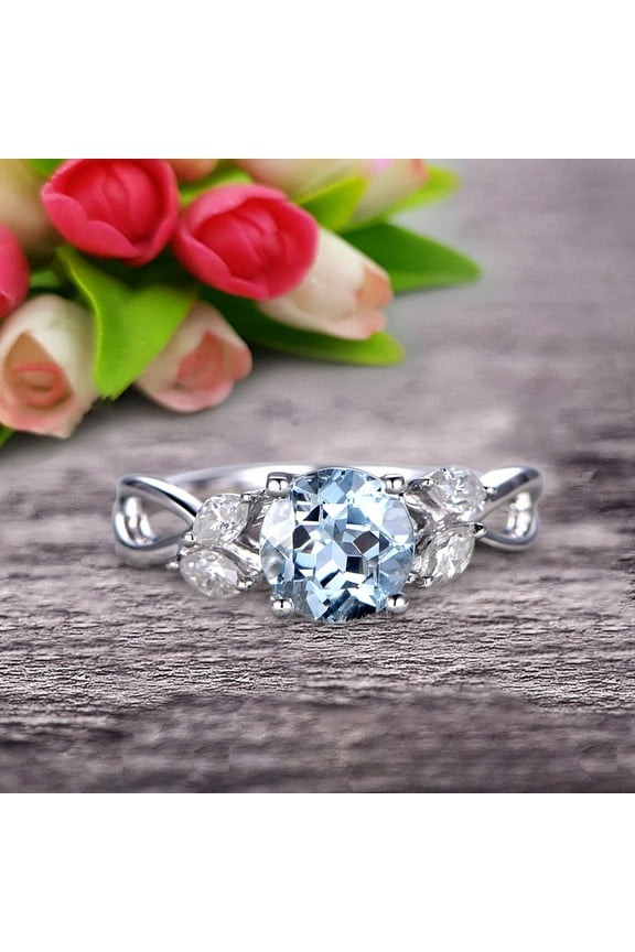 1.25 Carat With Diamonds Flower Marquise Cut White Gold Aquamarine Engagement Rings.