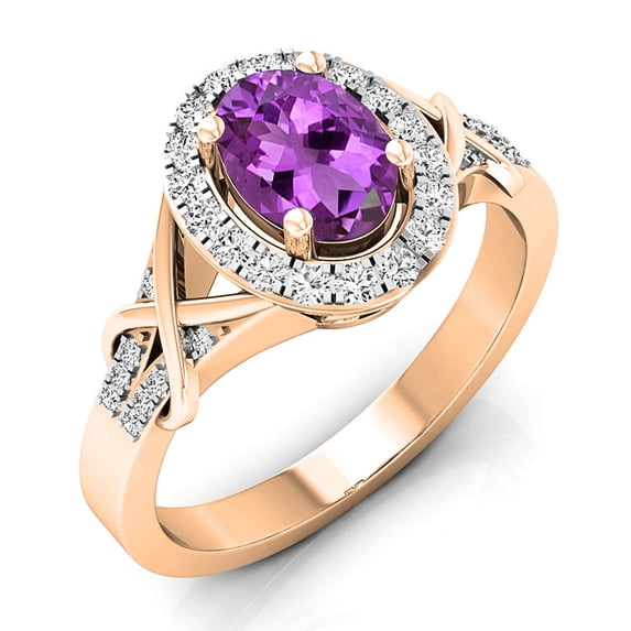 1.25 Carat (ctw) 10K Rose Gold Oval Cut Amethyst & Round Cut White Diamond Ladies Bridal Split Shank Halo Engagement Rin